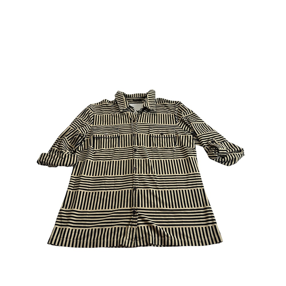 J.McLaughlin Button Down Women Medium Tan Black Excellent Stripe Catalina Cloth